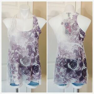 Fang sheer lace inset floral sharkbite hem tank M